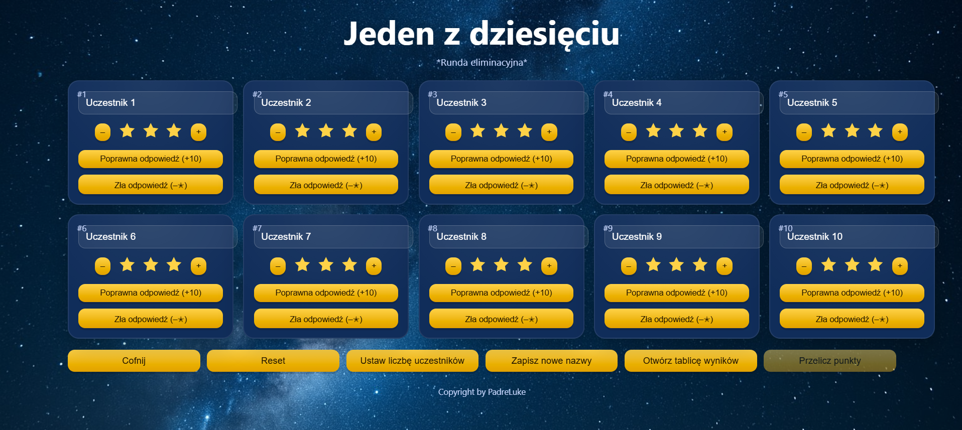 Panel prowadzącego quiz Jeden z dziesięciu