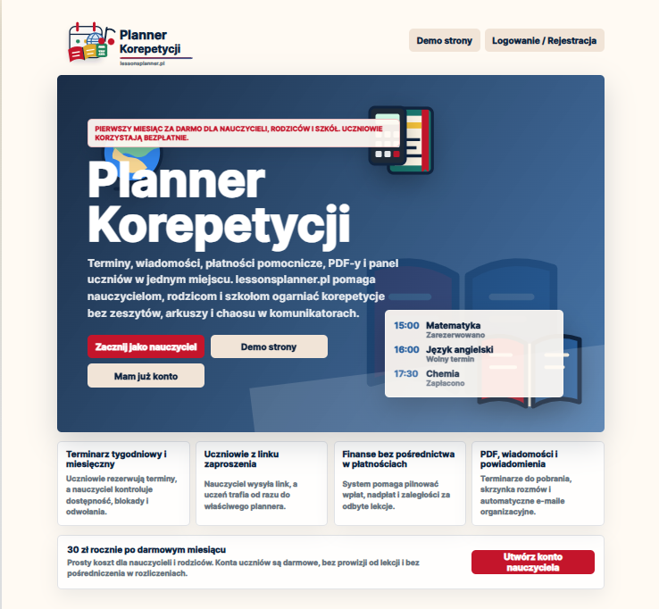 Strona główna aplikacji LessonsPlanner.pl
