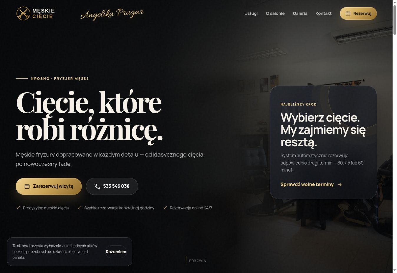 Strona zakładu fryzjerskiego Męskie Cięcie Angelika Prugar w Krośnie